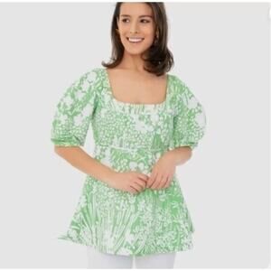 Tuckernuck Women's Nealy Corset Top Green Garden Floral Puff Sleeve Blouse Small